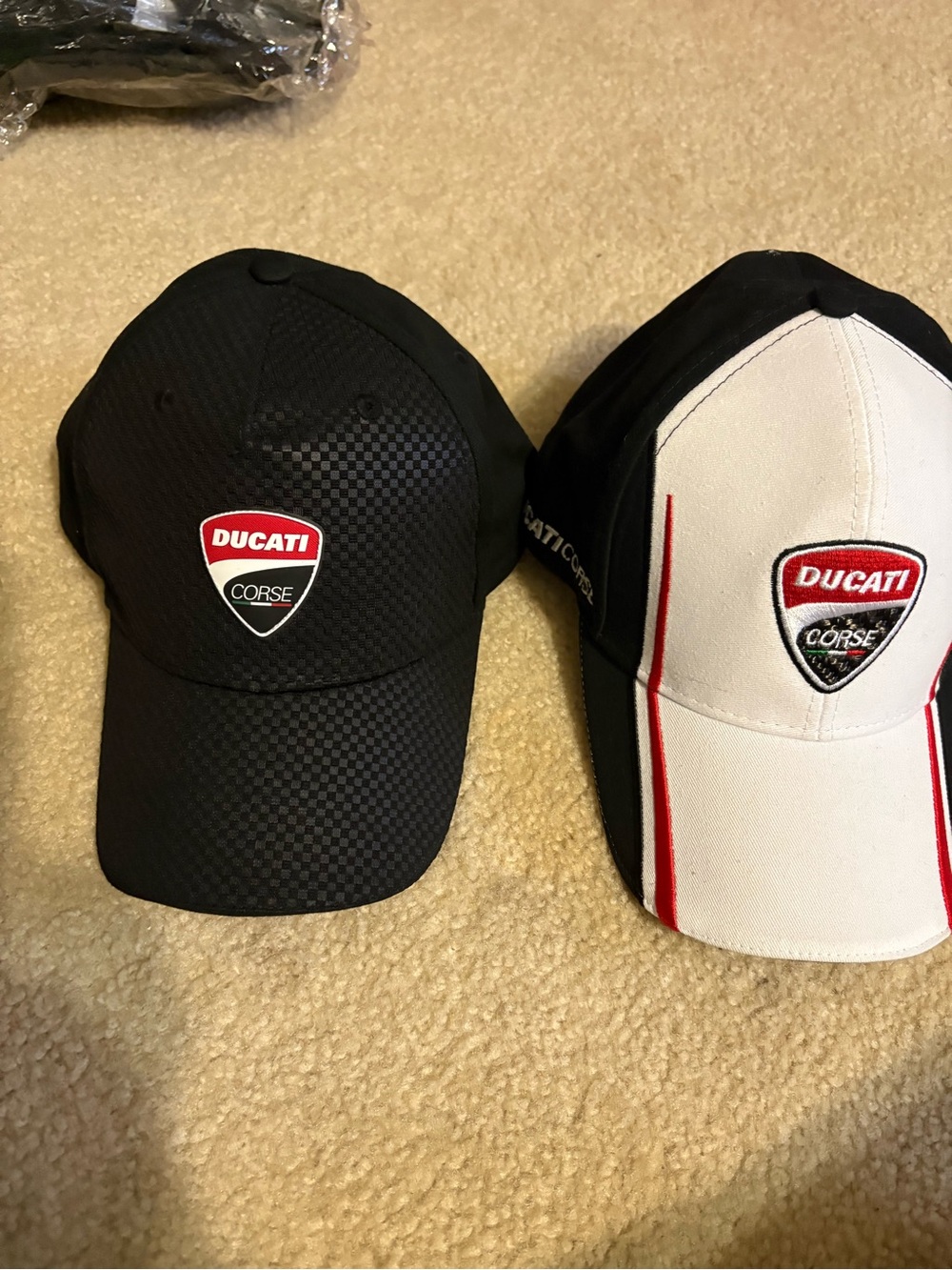 New authentic set of 2Ducati Corse Baseball Caps - Black and White with Red Trim